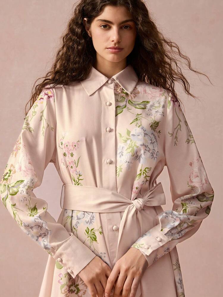 New Autumn Winter Products ,Women Romantic Floral Printed Lapel Front Button Elegant Lantern Long Sleeve Dress,Fall Winter Women's Clothing,Winter Dress,Elegant Dresses,Long Sleeve Dress