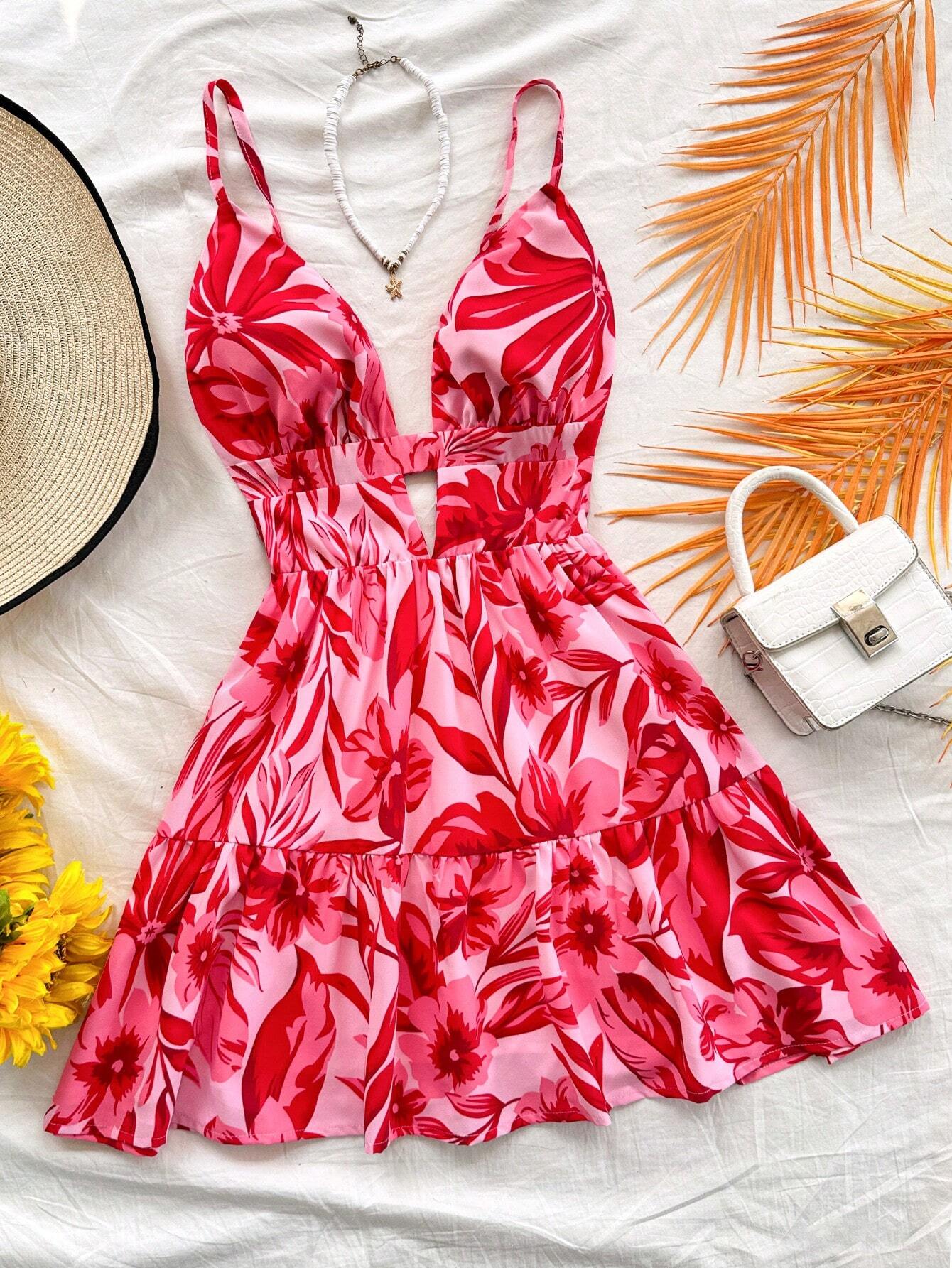 Soleia Wywh Women’S Vacation Dress, Rose Red Bow Front Ruffle Trim Sleeveless
