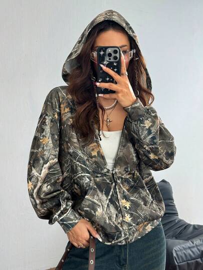 Coolane Women's Fall/Winter Couple Same Style/Couple Same Style/Basic/Going Out Knit Camo Thermal Lined Keep Warm Zip Up Green Baggy Long Sleeve Sweatshirt,Long Sleeve Tops