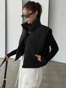 DAZY 女士纯色简约日常装无袖棉服外套，冬季女装，棉服女式夹克 - 黑色 - 查看 2