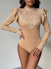 Chiquease 女士优雅高领连身衣，带花卉刺绣、荷叶边袖口和下摆、弹性针织 - 适合工作、休闲或性感穿着 - 卡其色 - 查看 5