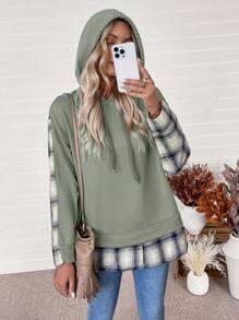 SHEIN LUNE Áo nỉ rộng rãi có mũ trùm đầu 2 trong 1, áo nỉ dệt kim xẻ vạt phối họa tiết kẻ caro tương phản, chất liệu ấm áp và thoải mái, phối nhiều chất liệu, phong cách thường ngày, thể thao, đi làm, áo nỉ nữ dáng rộng mùa thu - xanh quân đội - Xem 4