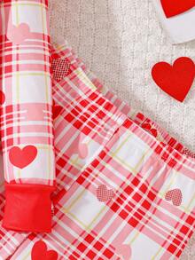 Bộ 2 món/Bộ đồ ngủ bó sát in họa tiết kẻ caro cho bé gái, Bộ quần dài tay cổ tròn thời trang, Quần áo ấm áp mặc ở nhà cho mùa thu đông, Giáng sinh - Đỏ - Xem 4