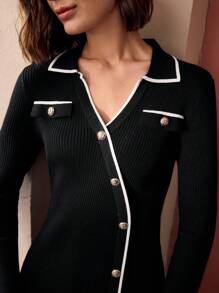 MOTF PREMIUM V-COLLAR CONTRAST PIPING GOLD BUTTON DETAIL SWEATER DRESS - Black - View 3