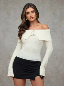 SHEIN BAE 女士休闲纯色翻领露肩链条细节喇叭袖修身套头衫冬季女装女士毛衣圣诞毛衣感恩节女士服装圣诞女装感恩节毛衣圣诞上衣冬季上衣