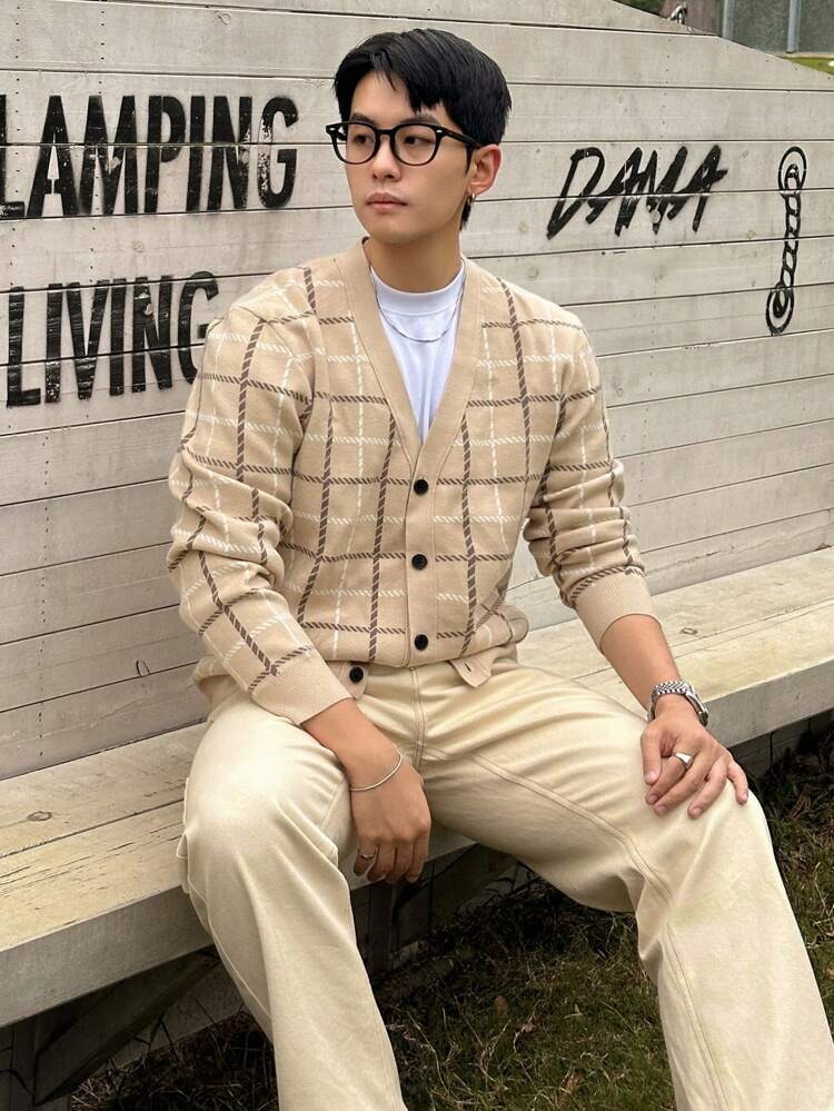 Men's Autumn Plaid Front Button Long Sleeve Casual Cardigan Jacket