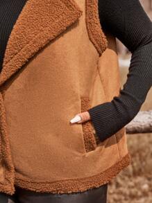 SHEIN VCAY Plus Size Women's Lapel Collar Two Pockets Mixed Suede And Corduroy Casual Warm Vest Jacket For Autumn/Winter - Brown - View 7