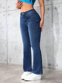 SHEIN PETITE Jeans acampanados delgados con diseño desgastado casual