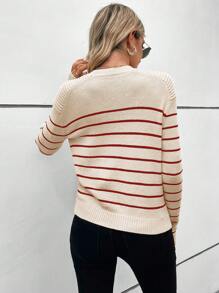 SHEIN Frenchy Striped Pattern Button Detail Drop Shoulder Sweater Casual Style - Apricot - View 2