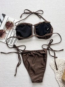 Swim SXY New In Summer And Fall, Featuring Deep Coffee And Deep Brown Colors With 3D Oversized Floral Design, This Two-Piece Bikini Set Exudes Sexiness And A Bold European And American Style, Perfect For Holiday Beach And Swimwear Party Outfits - Chocolate Brown - View 2