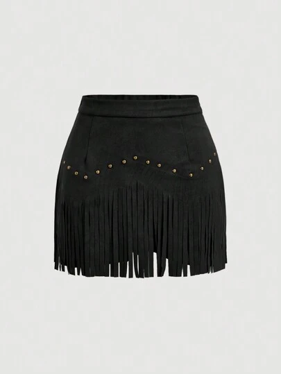 SHEIN MOD Women's Vintage Hippie Rivet Fringe Black Suede A-Line Skirt, Autumn Skirt,Nashville Outfits,Pirate Skirt
