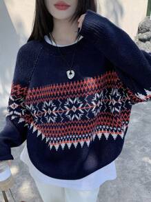 DAZY 圣诞复古图案提花针织宽松圆领毛衣，适合女士、节日、秋季女装 - 藍色 - 查看 3