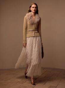 MOTF PREMIUM 蓬松拼接宽下摆开衫 - 卡其色 - 查看 4