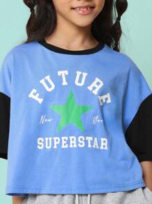 SUMWON Tween Girls Crop Fit Colour Block Sleeve Tee With Graphic Print