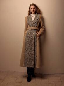 MOTF PREMIUM HERRINGBONE PANEL PEAK COLLAR BUCKLE BELTED LONGLINE OVERCOAT