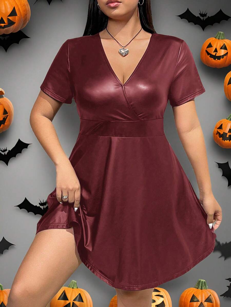 SHEIN EZwear 大码女式 V 领短袖纯色简约迷你连衣裙,休闲日常穿着 - 酒紅色 - 查看 1