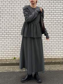 FRIFUL Women's Crew Neck Puff Sleeve Mid-Length Mesh Splice Dress, Autumn Long Sleeve Dress - Grey - View 1