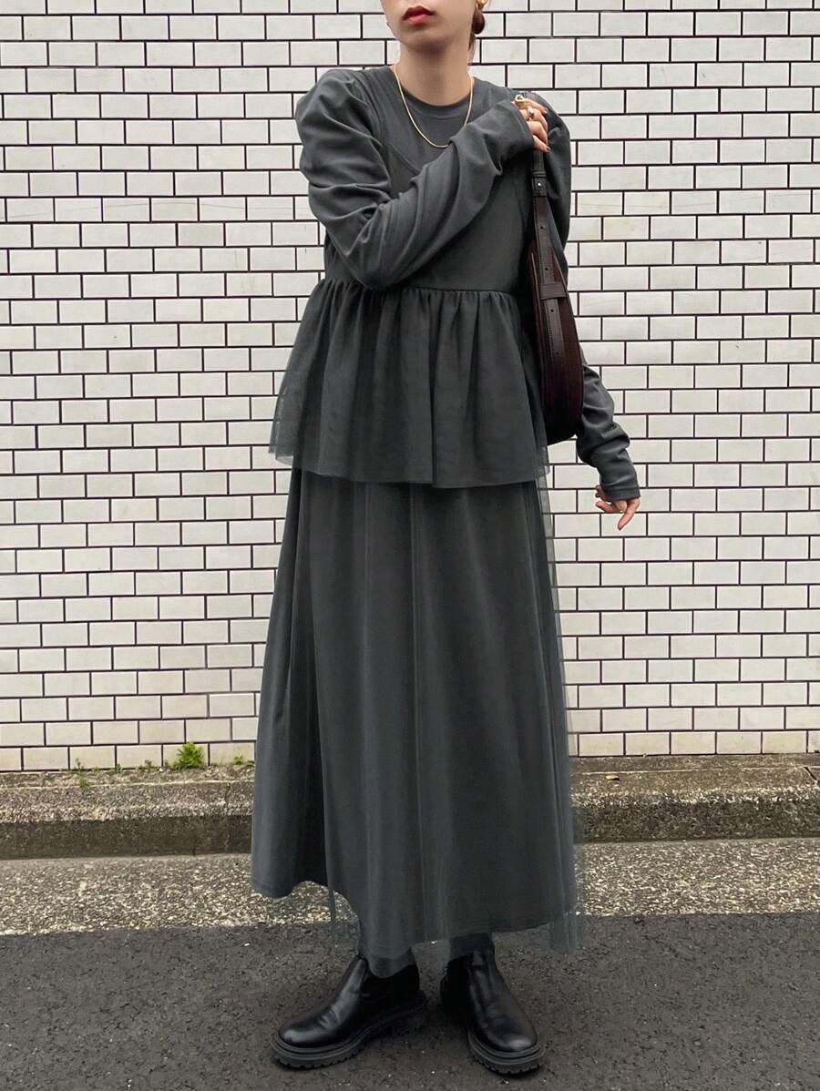 FRIFUL Women's Crew Neck Puff Sleeve Mid-Length Mesh Splice Dress, Autumn Long Sleeve Dress - Grey - View 1