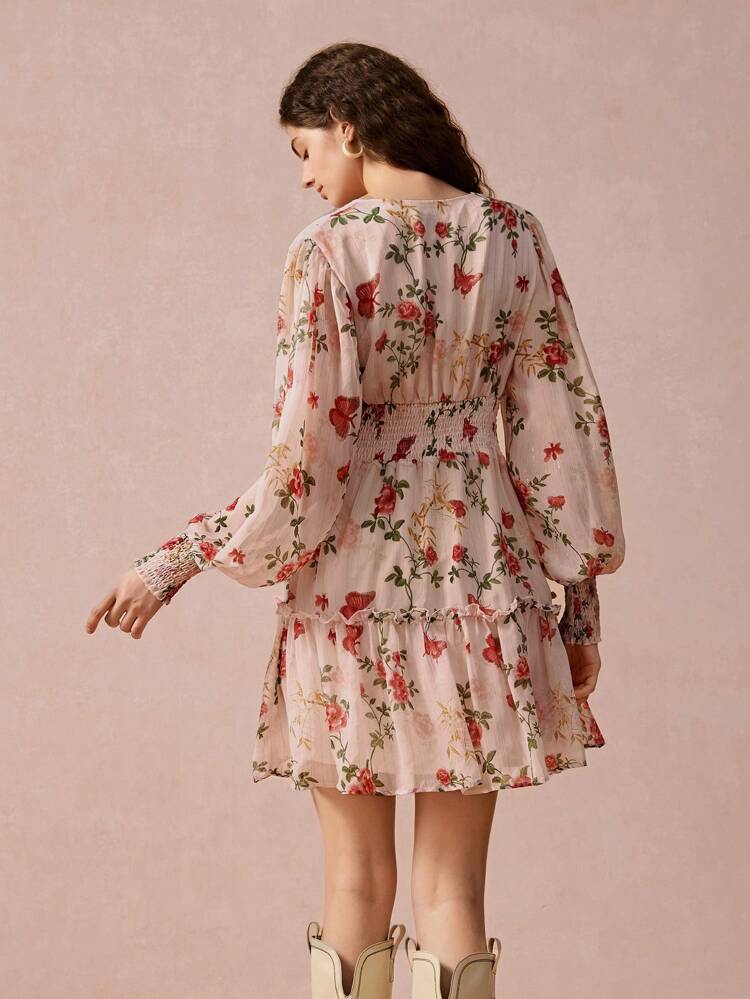 Fall Winter Women's V-Neck Floral Print Casual Long Sleeve Dress,Mini Dress,Fall Women Outfits,Winter Dress,Fall Winter  Women's Clothing