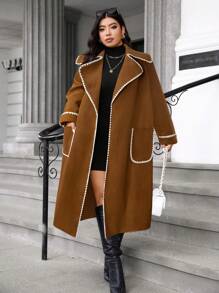 SHEIN Unity Plus Size Contrast Color Trim Long Casual Coat, Autumn/Winter - Coffee Brown - View 1