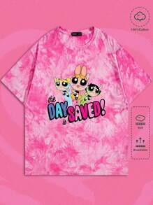 ROMWE MEN The Powerpuff Girls | ROMWE Men Tie Dye Cartoon & Letter Graphic Tee, School - Multicolor - View 1
