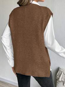 Chiquease Women Casual Solid Color Regular Loose Fit Sweater Vest, Not Including Blouse - Coffee Brown - View 2