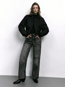 Maija 1 件女式黑色前拉链口袋纯色袖褶饰长袖简约休闲夹克，秋冬 - 黑色 - 查看 7