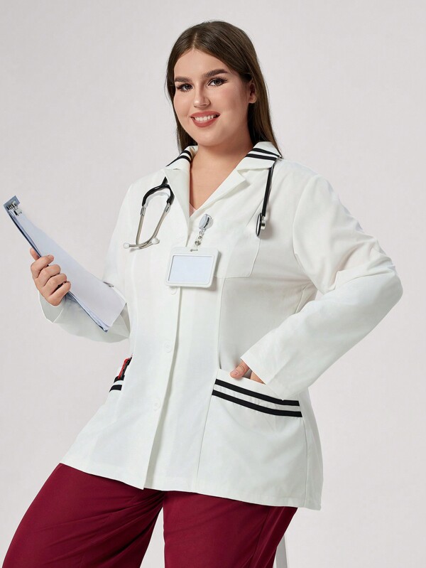 TaskEZ Plus Size Contrast Color Striped Double Pocket Lab Coat