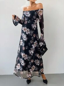 SHEIN Maternity Romantic Summer Beach Elegant Sexy Floral Off Shoulder Long Dress, Date Night Dress, Suitable For Daily, Commuting, Holiday - Black - View 2