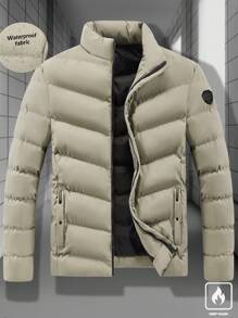 Manfinity Homme Loose Fit Men's Solid Color Zip-Up Coat For Winter, For Fall - Khaki - View 8