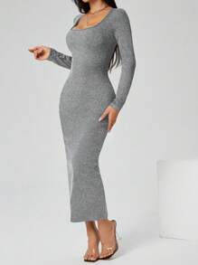 SHEIN PETITE 秋装纯色方领紧身黑色长袖连衣裙 - 深灰色 - 查看 1