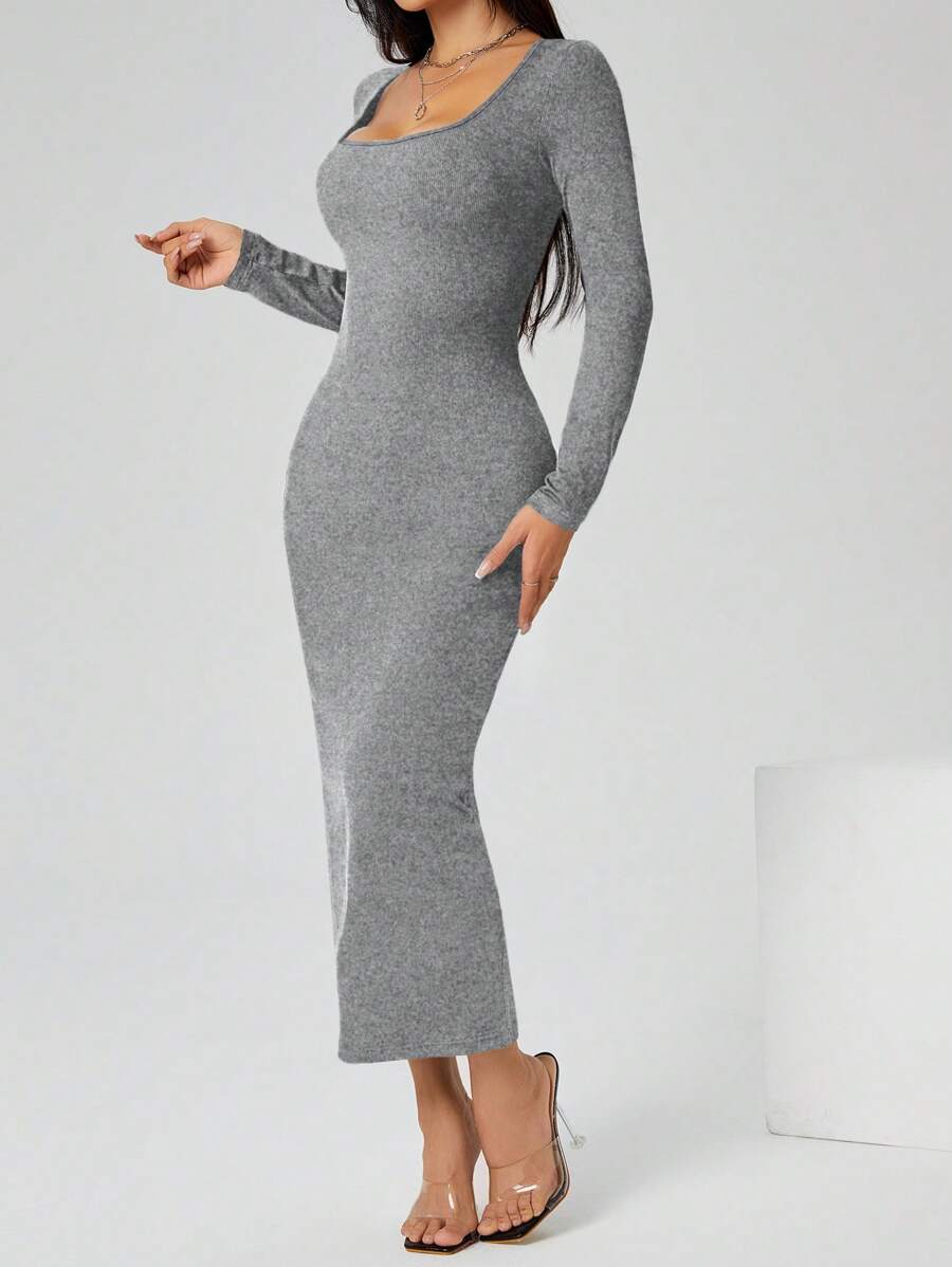 SHEIN PETITE 秋装纯色方领紧身黑色长袖连衣裙 - 深灰色 - 查看 1