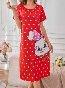 Cute Rabbit & Polka Dot Print Loose Dress, Sweet Style For Women Nightgown, Moo Moo - Multicolor - View 1