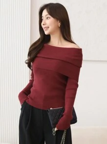 DAZY 女士纯色露肩毛衣，适合情人节和秋季服装 - 紅色 - 查看 3