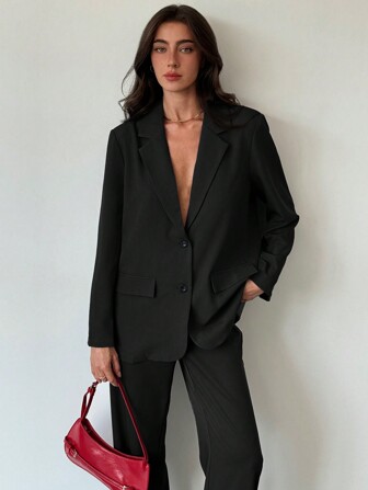 Aloruh Young Women Casual Grey Textured Oversized Long Sleeve Loose Blazer For Commuting, Winter, Business Casual, Elegant, Black , Baggy,