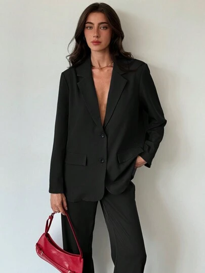 Aloruh 年轻女士休闲灰色纹理超大长袖宽松通勤西装外套