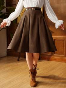 Vintamour 复古优雅女士褶皱 A 字裙配腰带，棕色，适合工作或休闲场合返校服装秋装秋装教师服装冬季女士复古服装卡其色裙子返校节裙子短款栗色 - 摩卡棕 - 查看 4