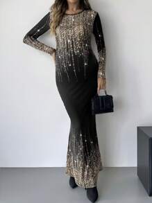 SHEIN Maternity Round Neck Long Sleeve Fishtail Hem Elegant Dress, For Autumn