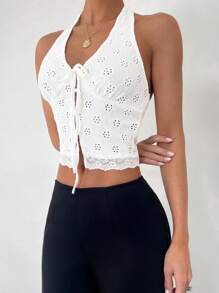 SHEIN Unity Top de tirantes de mujer con cuello halter, en tela texturizada de unicolor con inserto de encaje - Blanco - Ver 3