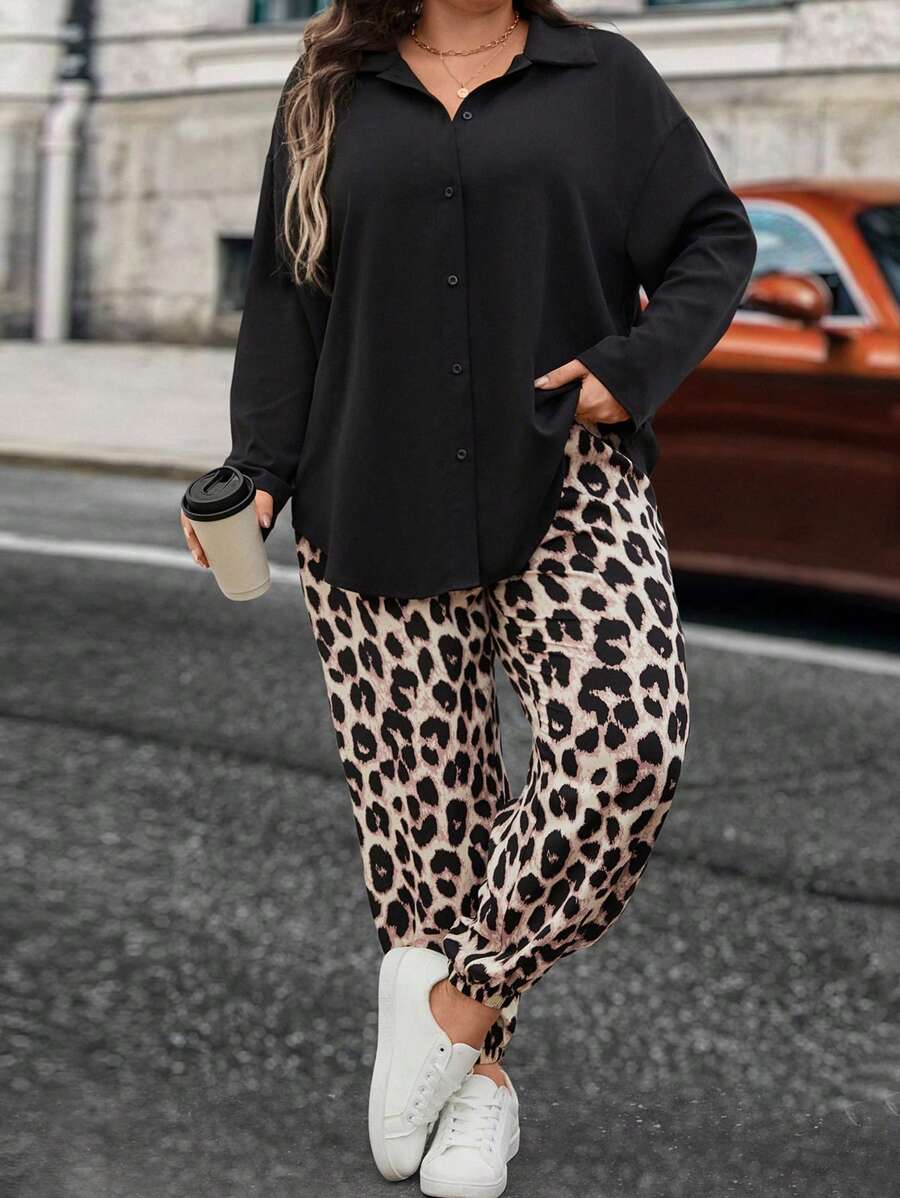 SHEIN LUNE 大码女式两件套：纯色长袖纽扣衬衫和豹纹裤，休闲秋季服装大码秋装 - 彩色 - 查看 1