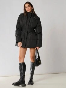 Enchnt Abrigo casual con capucha con cremallera y acolchado de unicolor para mujer, para invierno