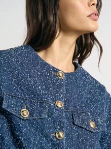 AiiRZ Boucle Texture Trucker Jacket Cropped Button Front Fall Winter Outerwear Flecked Pattern Casual Street Style Fashion Statement Piece - Blue - View 3