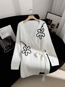 SHEIN Clasi Casual Floral Crochet Wrap Tie-Front Cardigan, Fall/Winter  White Cardigan Sweater ,Fall Women Sweaters, 3D Flower,Warm Soft Sweater