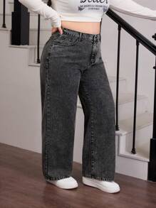 SHEIN EZwear Plus Size Casual Washed Mid-Rise Straight Leg Jeans