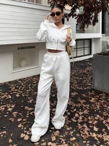 Muchica 女士休闲运动字母压花拉链前连帽衫运动衫和裤子套装，秋季 - 白色 - 查看 5