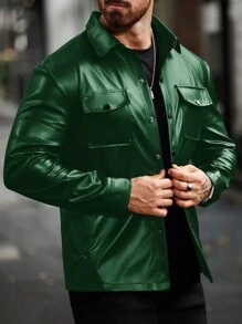 Manfinity Men's Solid Color Long Sleeve PU Leather Single-Breasted Utility Shacket, Autumn - Dark Green - View 4