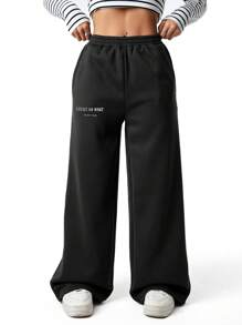 SHEIN Sparklyn Pantalón de chándal informal para adolescentes con estampado de letra y floral - Negro - Ver 3