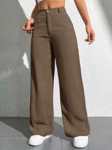 SHEIN PETITE Women Casual Solid Color Straight Leg Pants