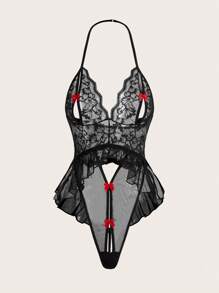 Floral Lace Cut Out Bow Front Halter Teddy Bodysuit Lingerie Bow Tie, Baddie Look