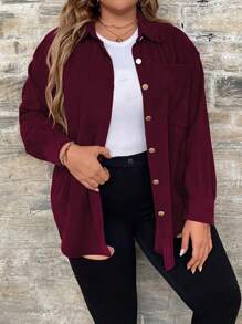 SHEIN LUNE Plus Size Women Casual Solid Color Drop Shoulder Loose Pockets Button-Down Shirt